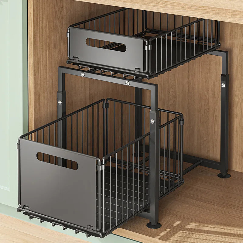 Rack Organizador Deslizante (Pull-Out) 2 Níveis – Altura Ajustável para Armário de Cozinha/Banca