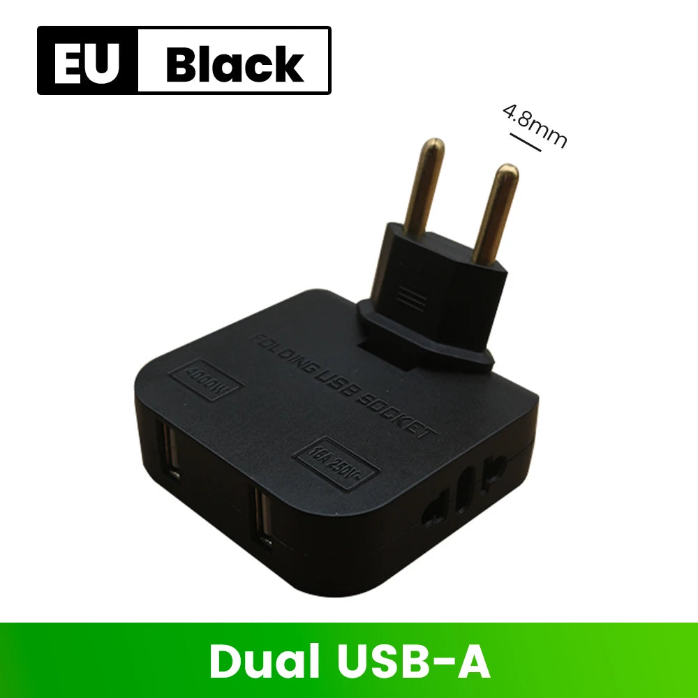 Adaptador de Tomada Europeu 3-em-1 Rotativo 180° – USB QC3.0 e 2500W para Viagem