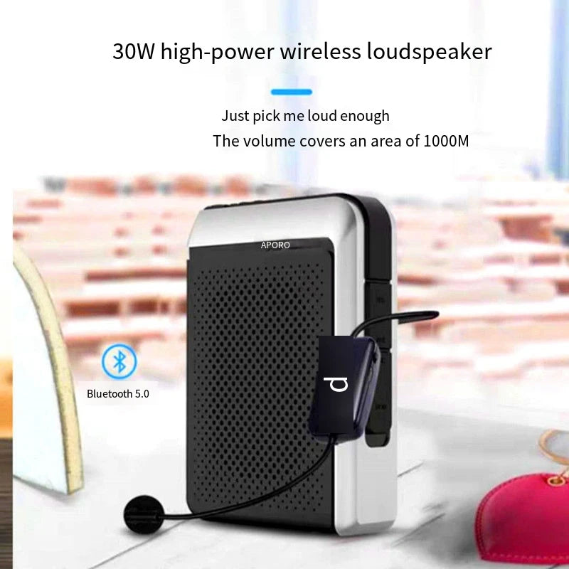 Amplificador de Voz Portátil 30W (2.4G/Bluetooth) para Professores e Guias