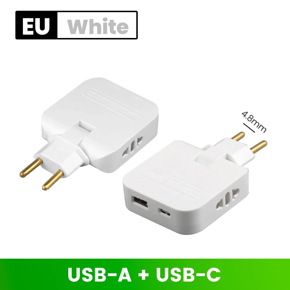 Adaptador de Tomada Europeu 3-em-1 Rotativo 180° – USB QC3.0 e 2500W para Viagem