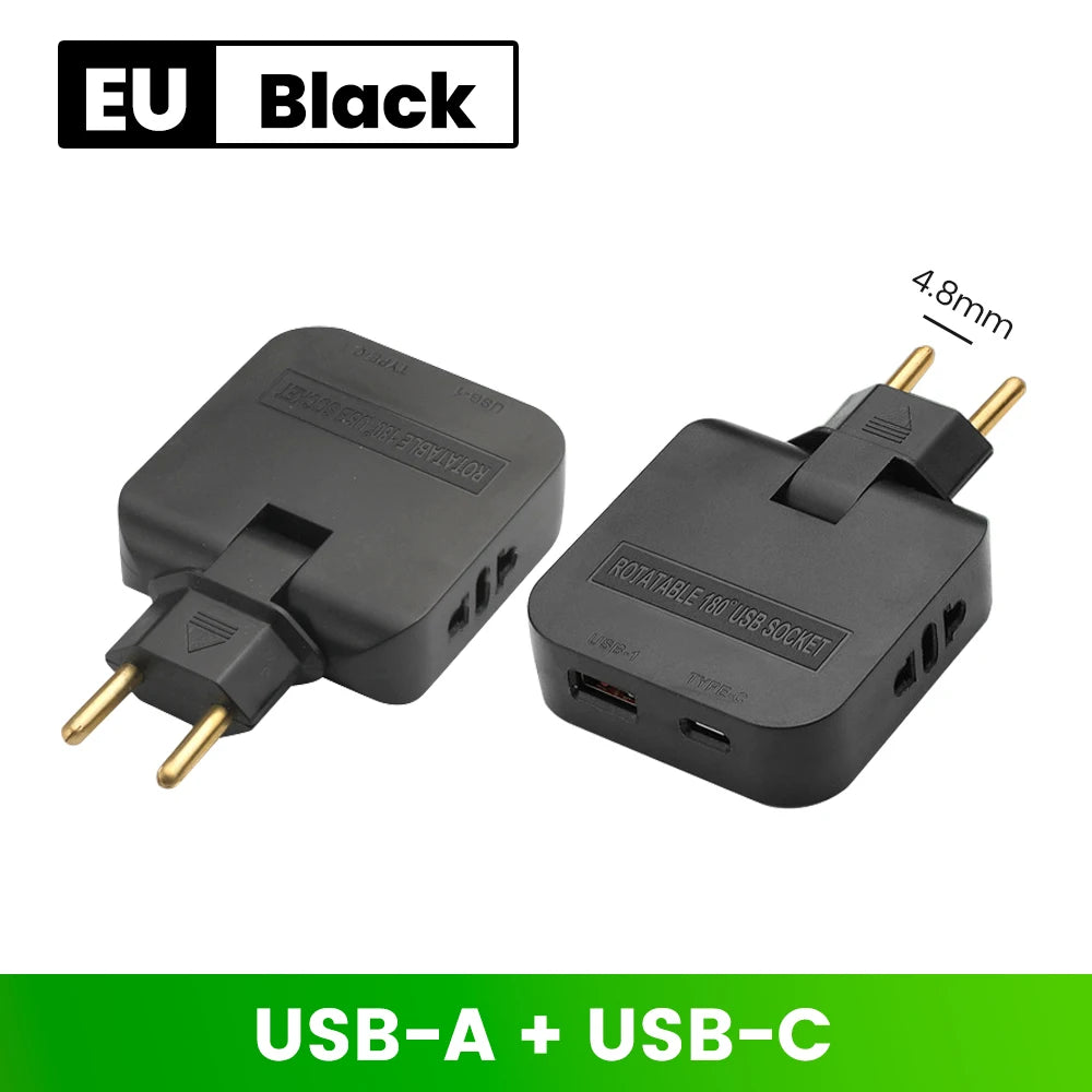 Adaptador de Tomada Europeu 3-em-1 Rotativo 180° – USB QC3.0 e 2500W para Viagem