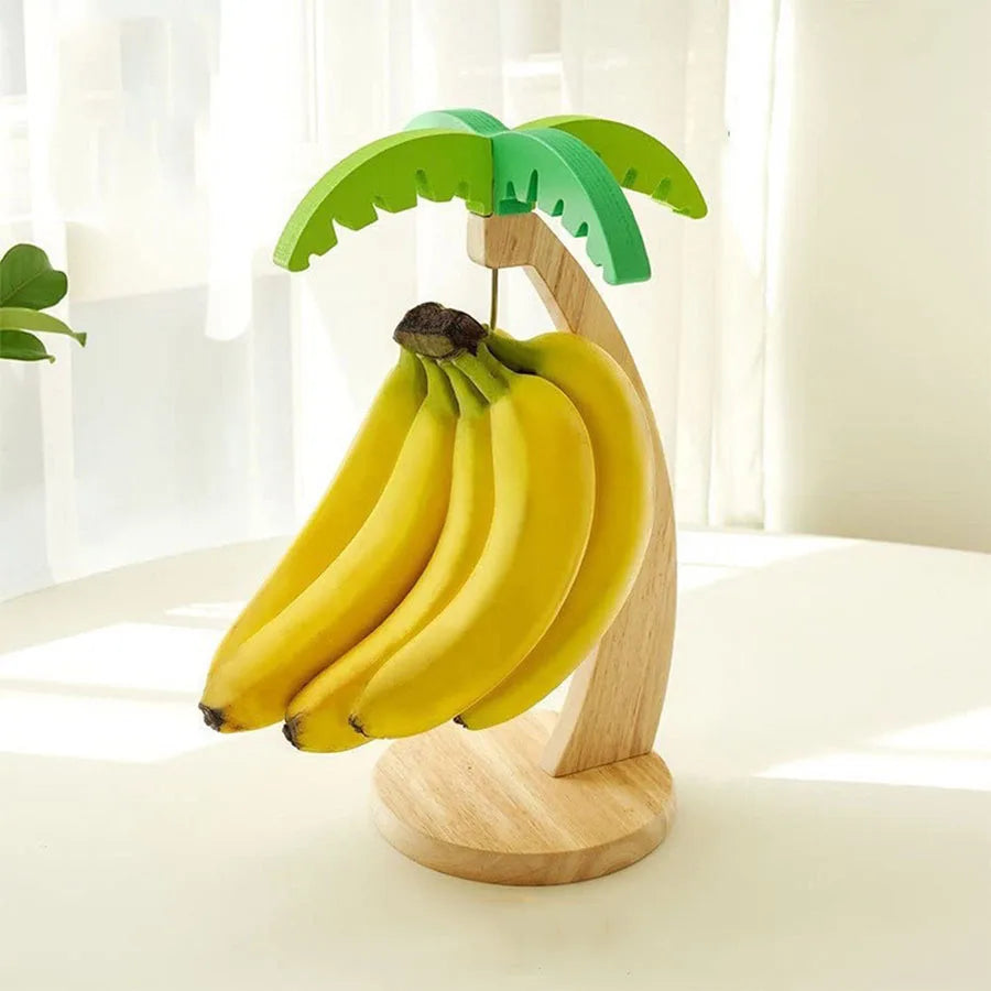 Suporte Vertical de Madeira para Bananas – Rack de Cozinha com Decoração de Folha e Gancho (Mantém a Fruta Fresca)