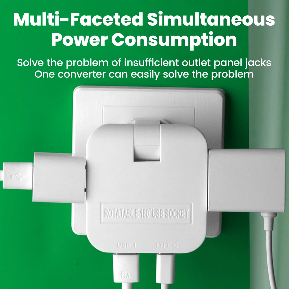 Adaptador de Tomada Europeu 3-em-1 Rotativo 180° – USB QC3.0 e 2500W para Viagem
