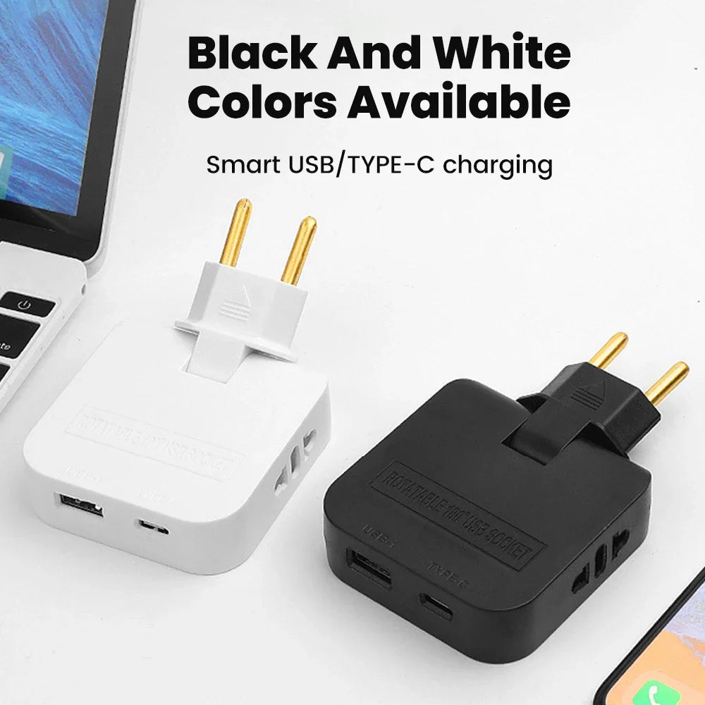 Adaptador de Tomada Europeu 3-em-1 Rotativo 180° – USB QC3.0 e 2500W para Viagem